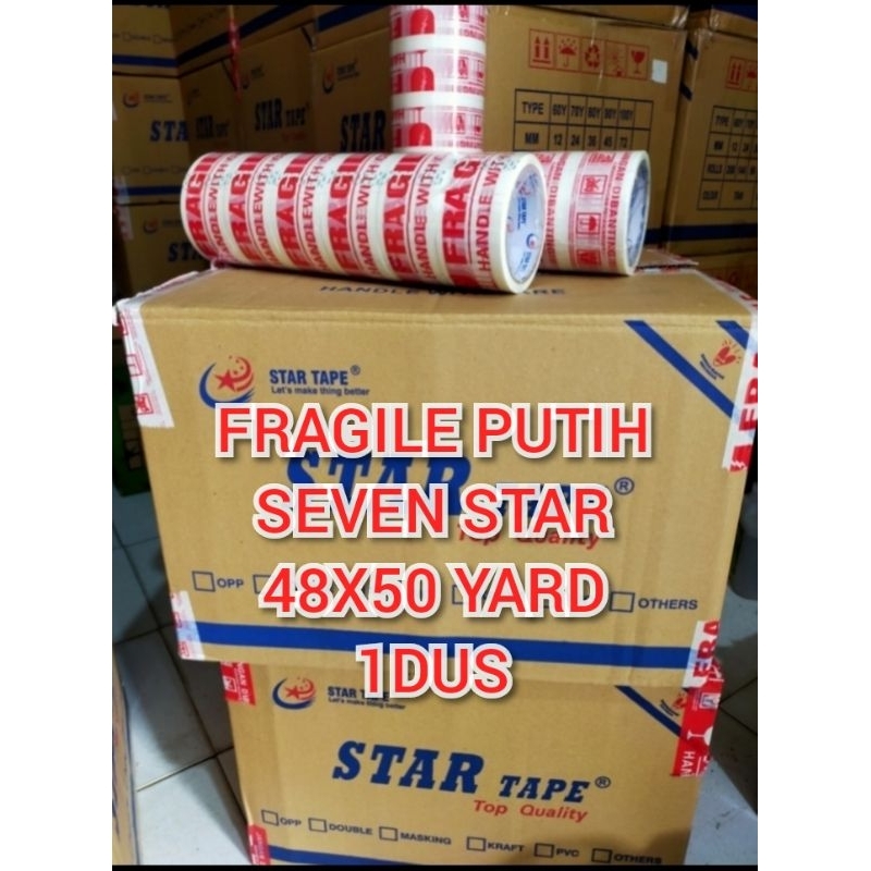 

LAKBAN FRAGILE PUTIH 2" (48X50YARD) SEVEN STAR TAPE (KARTONAN) ISI 90 ROLL