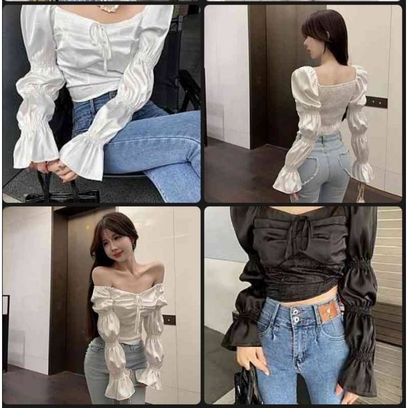 r041 - top woman atasan pakaian baju fashion wanita merk Hello sexy bahan satin sabrina korean style
