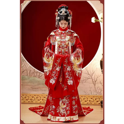 Asli buatan Ming cloud shoulder Luan Fengming stand-up collar kerah miring gaun industri berat bordir rok wajah kuda Hanfu gaun pengantin untuk wanita