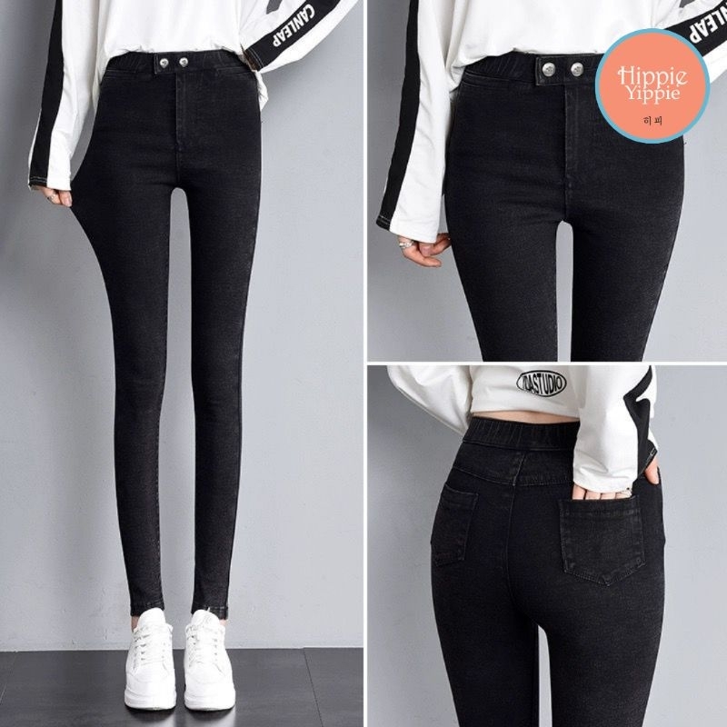 Celana Hitam Korea Jegging Kancing dua Hippie Fashion
