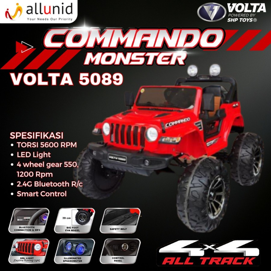 Mainan Mobil Aki COMMANDO MONSTER - MERAH BAN KARET Maenan Mobilan anak Remote Control - Hadiah- JEE