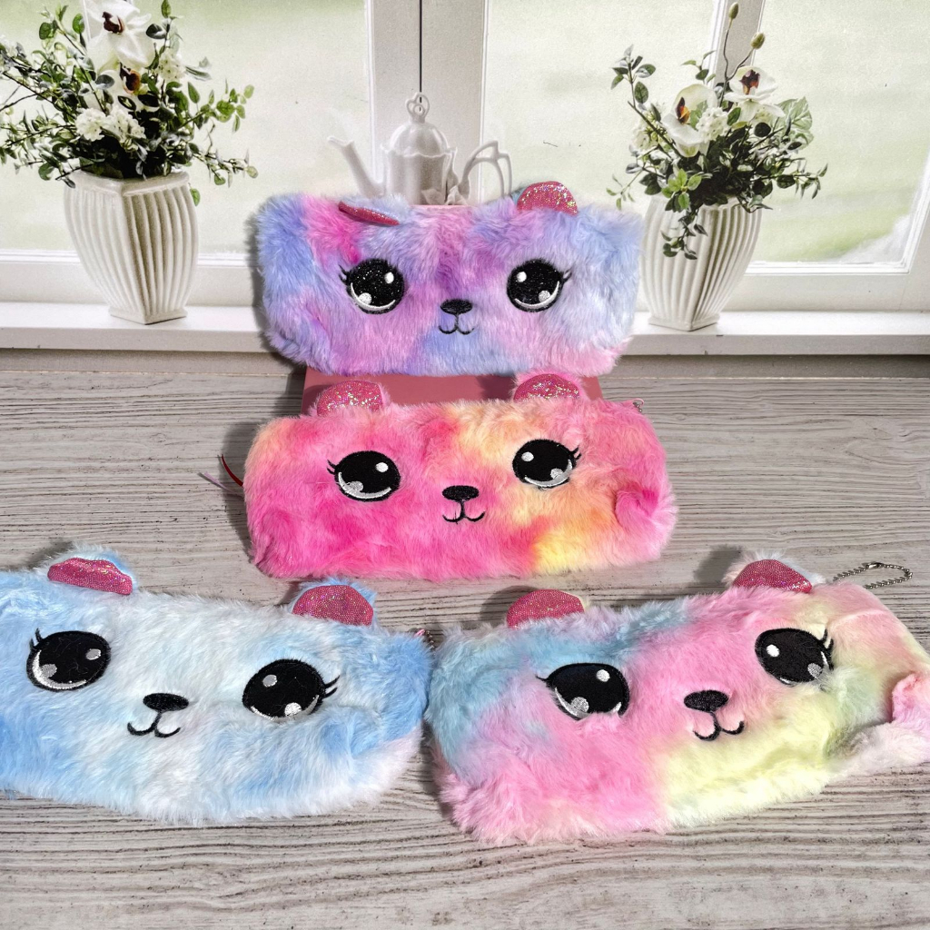 

kotak pensil bulu rainbow wajah kucing lucu imut murah keperluan sekolah atk fancy bisa COD termurah