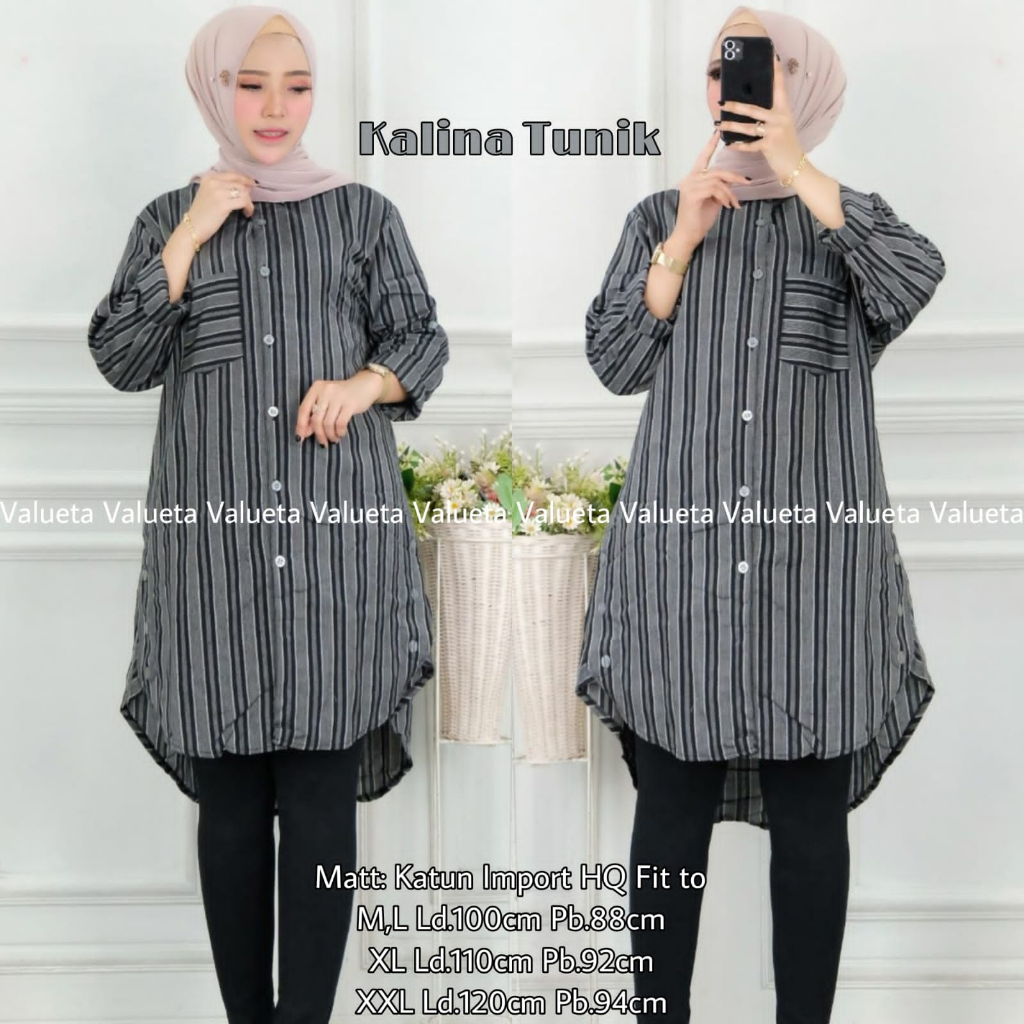 Atasan Tunik Wanita Kalina KlipBusana - Midi Dress Hijab Perempuan Motif Salur Lurik - Girl Long Shi
