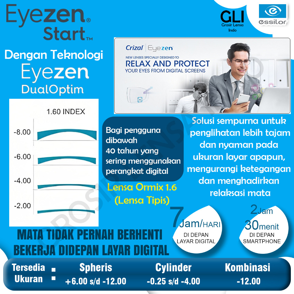 Lensa Kacamata Essilor SV Eyezen Start Ormix 1.6 Crizal Sapphire / Optifog / Prevencia
