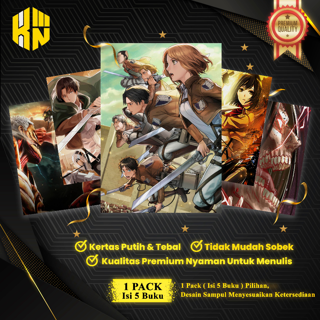 

KEN.IND - Buku Tulis Sekolah Custom Tema ATTACK ON TITAN 1 Bergaris 38 Lembar 1 Pak Isi 5 Buku/ Buku Tulis Anime/ Buku Aesthetic/ Buku Catatan