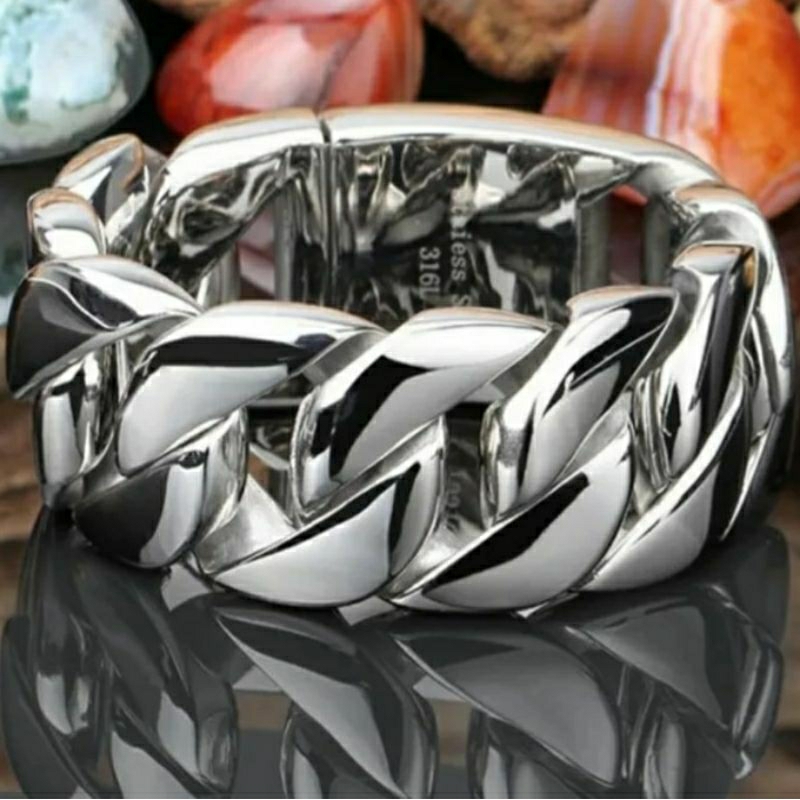 Gelang Titanium Pria Rantai Silver Besar