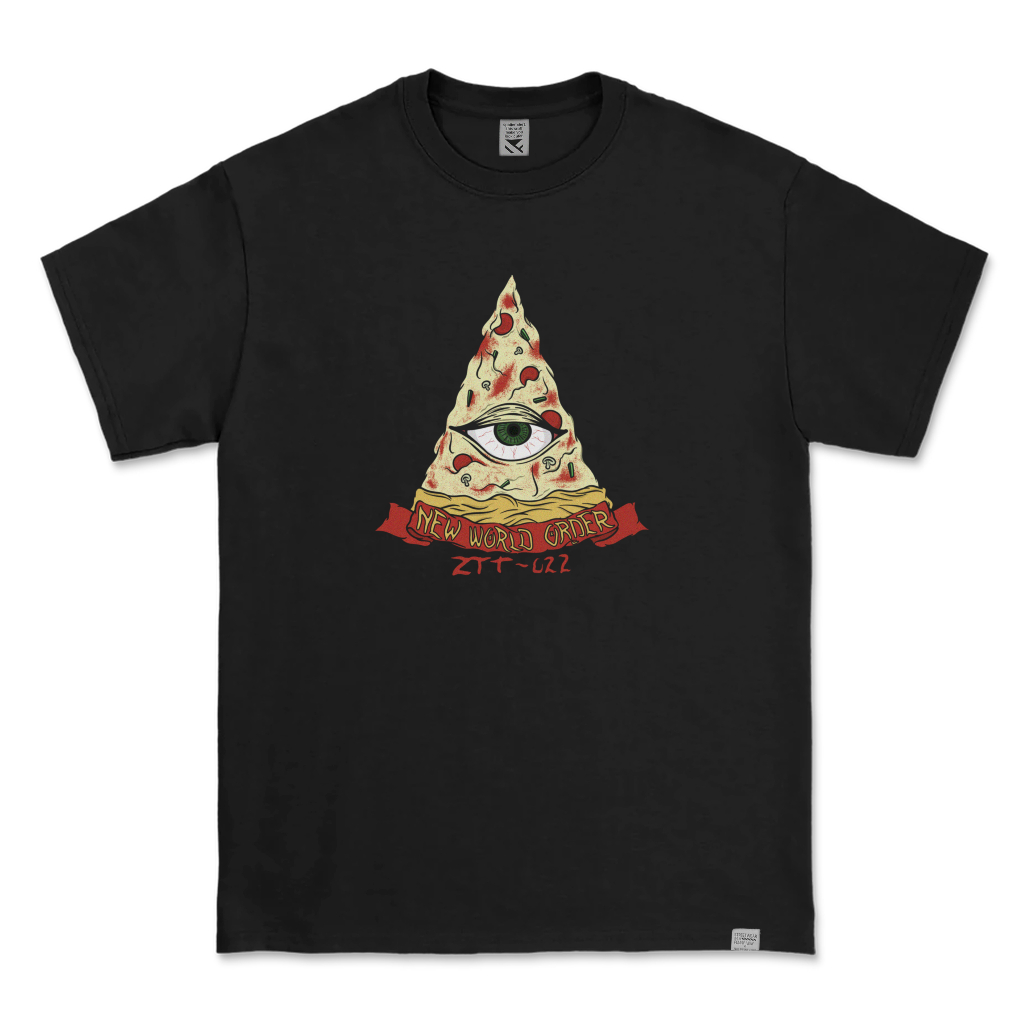 Kaos Distro Parodi Zerotwentytwo T-shirt Pizza New World Order Illuminati Black | Baju Pria Hitam