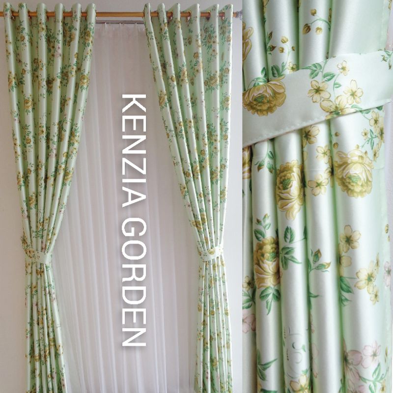 Gorden blackout jendela pintu motif bunga hijau