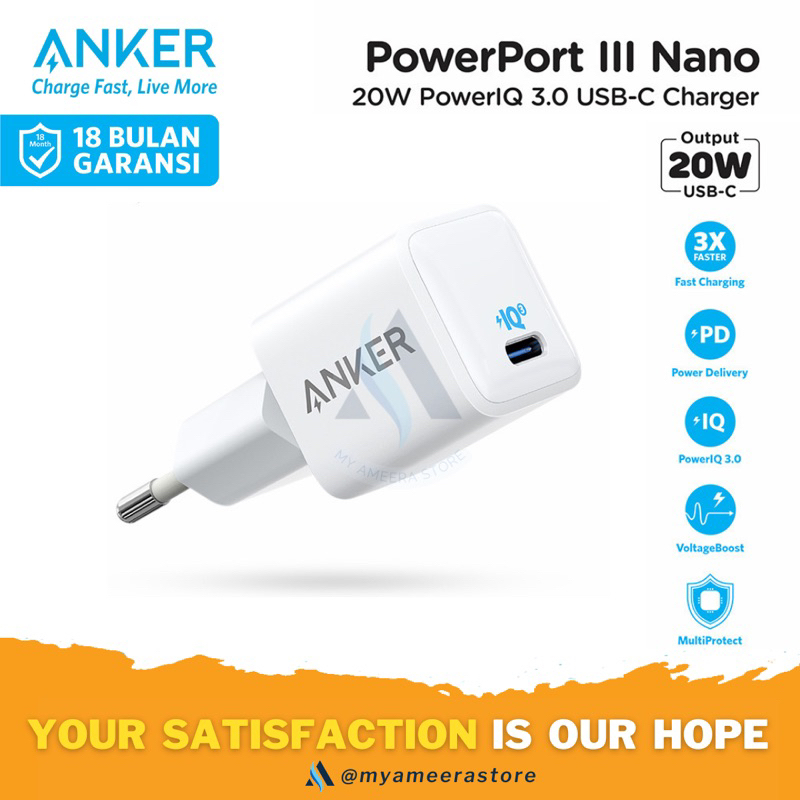 ANKER Wall Charger PowerPort III Nano 20W Fast Charging USB-C PD PowerIQ 3.0 A2633 - Travel Adaptor Cas Type C Fast Charging iPhone