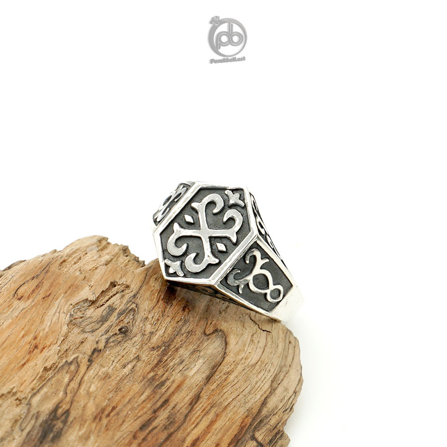 Cincin Signet Pria Perak 925 Asli Vintage Ukir Hexagon