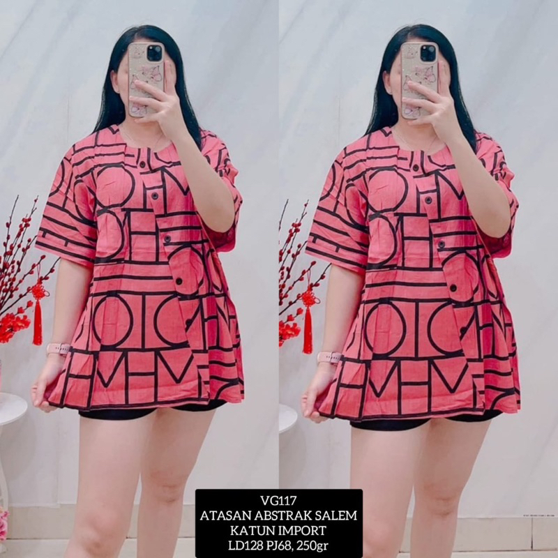 KLV Atasan Jumbo Blus Linen Wanita Import Printing Lengan Pendek