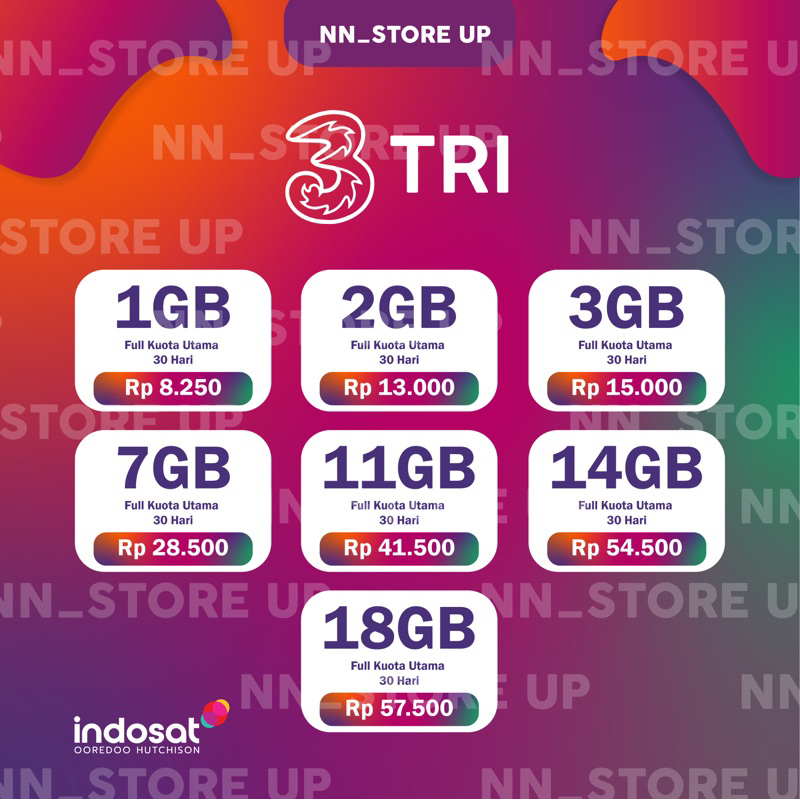 PAKET DATA TRI 25GB 55GB 65GB 100GB - UNLIMITED