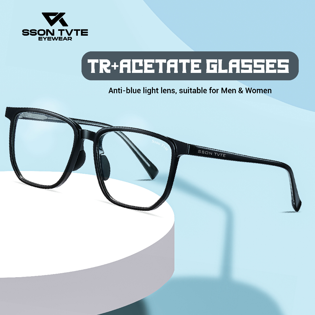 SSON TVTE - Kacamata Anti Blueray Frame Kotak Modern TR90 Acetate Lensa Minus Photocromic Anti Radia