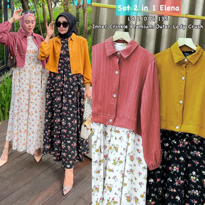 Gamis maxi Elena set 2in1 Croptop busui friendly / Gamis bunga floral korean style