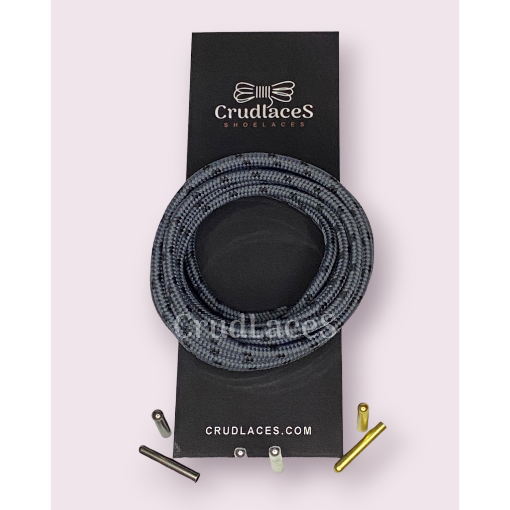 Tali Sepatu Gunung Bulat Premium Abu-abu Grey Motif Hitam - Round Shoelace Ujung Tali Aglets Metal B