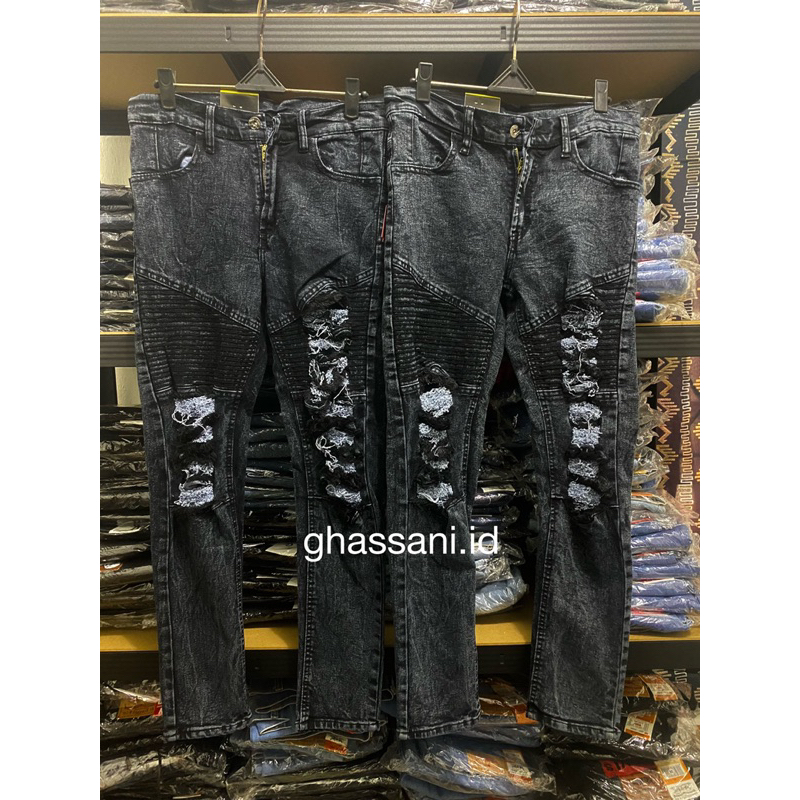Celana Jeans Biker Sobek Sepan Ripped Jeans Bikers Snow Wash Pria Premium Distro Murah Terbaru Kekin