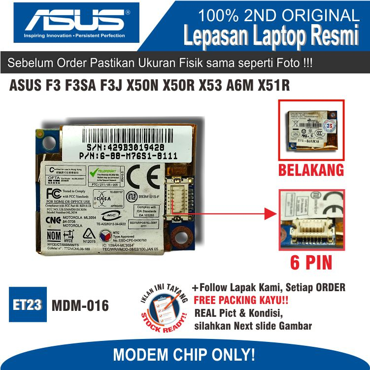 ET23 MDM-AS-1 Internal Modem Card Modem Chip Laptop ASUS F3 F3SA F3J X50N X50R X53 A6M X51R ML3054 B