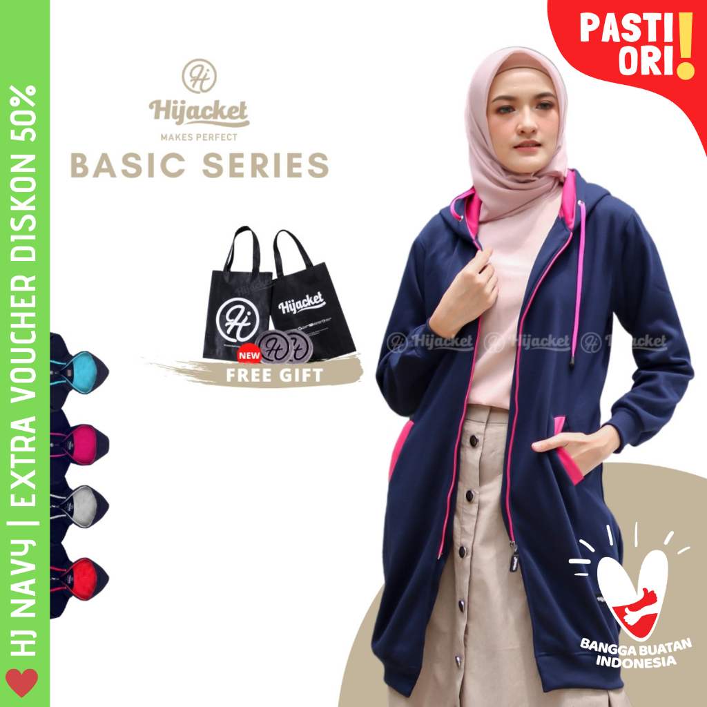 Hijacket Basic ORIGINAL NAVY 4 Varian - Jaket Hoodie Hijaket Wanita Panjang Muslimah Ala Korea Murah