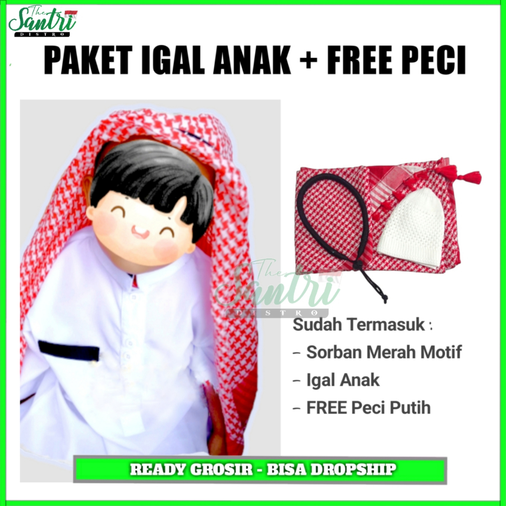 Sorban Kepala Arab Anak / Igal Sorban Anak / Sorban Ikat Kepala / Sorban Arafat Anak Plus Igal Pengi
