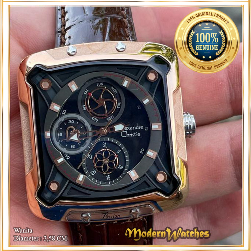 Jam Tangan Alexandre Christie Wanita AC 3030 Tali Kulit Coklat Rosegold Brown Leather Kotak Sporty