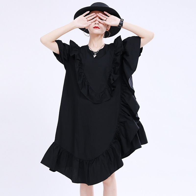 FW23-08802 Terusan Wanita. Women's Puff Sleeve Fashion Ruffled Irregular Skirt Dress