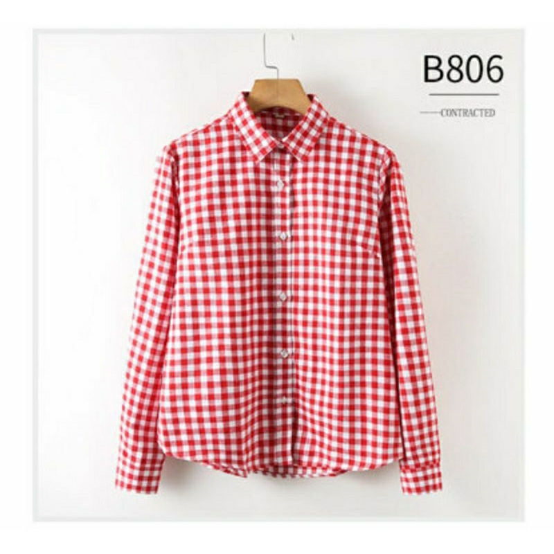 KEMEJA WANITA KOTAK MERAH PUTIH LENGAN PANJANG CASUAL BASIC IMPORT POLOS 17 AGUSTUSAN KEMERDEKAAN OV