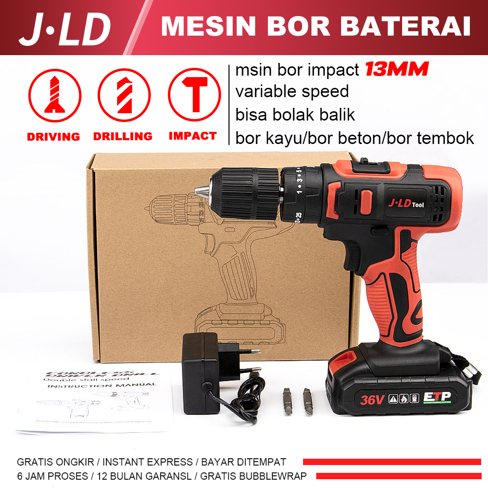 JLD 13mm mesin bor impact baterai bor cas cordless bor baterai bor listrik jld tool impact variabel speed 2mata