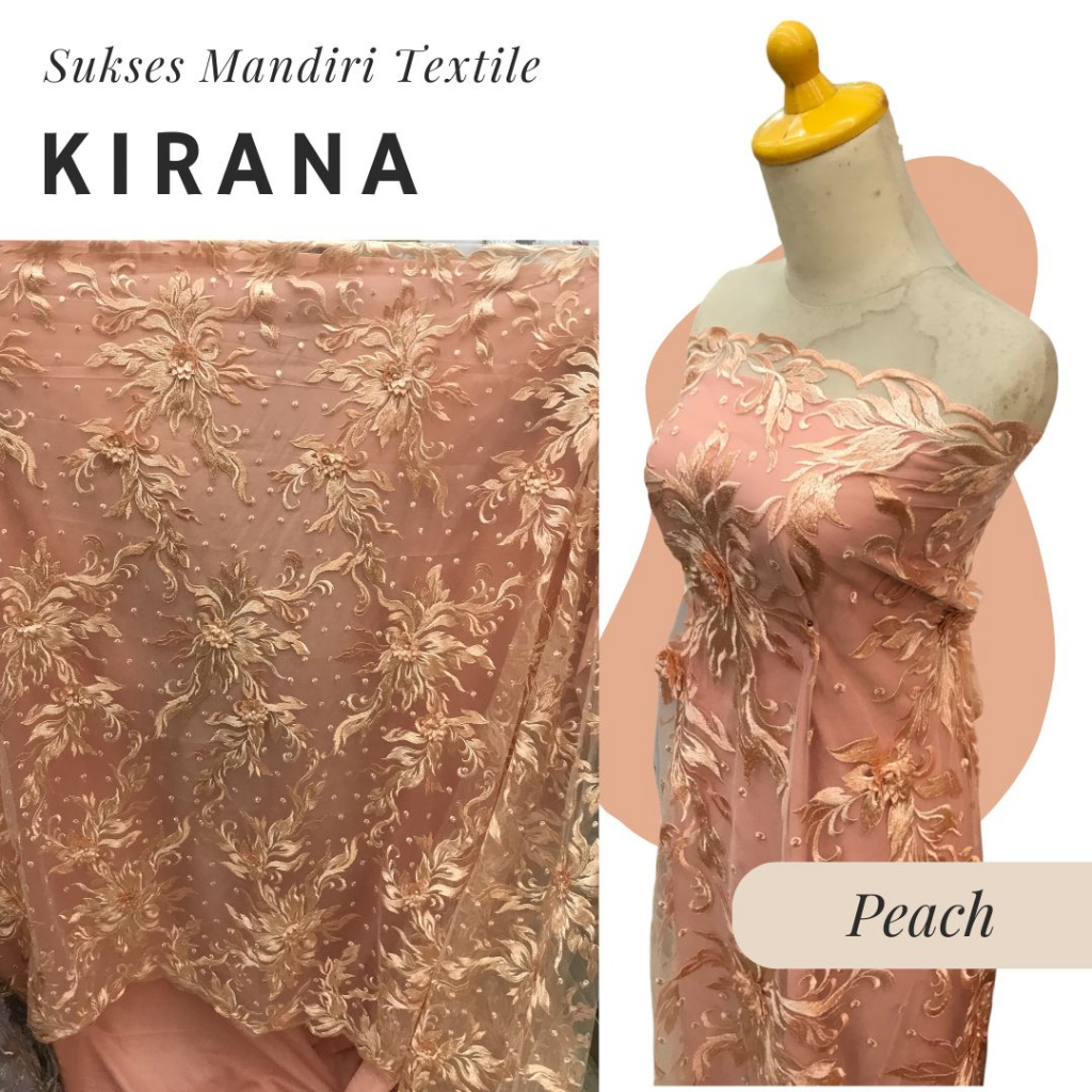 [KIRANA] Brokat lace 3D embroidery mutiara Peach | Harga ½ meter = 50 cm (Bahan Dress Bridesmaid, Ko