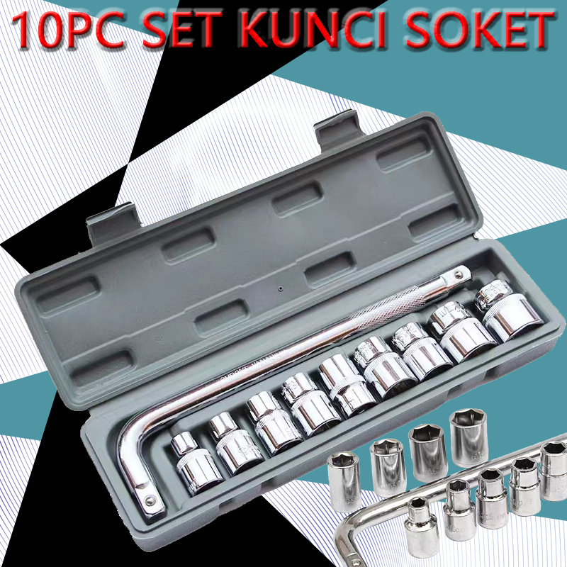 Set Kunci Sok 10 in 1 dengan Gagang 1/2 Inci dan 9 Mata Sok 8-21 mm dalam Kotak Plastik