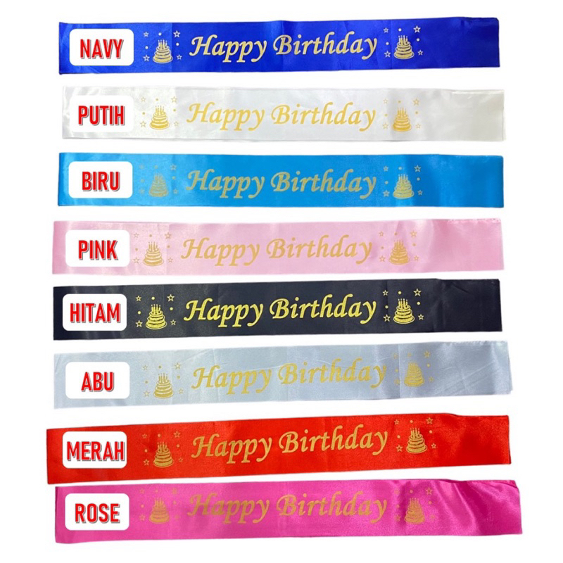 EA Selempang Happy Birthday SABLON / biru hitam pink fanta blue gold black perlengkapan / dekorasi u