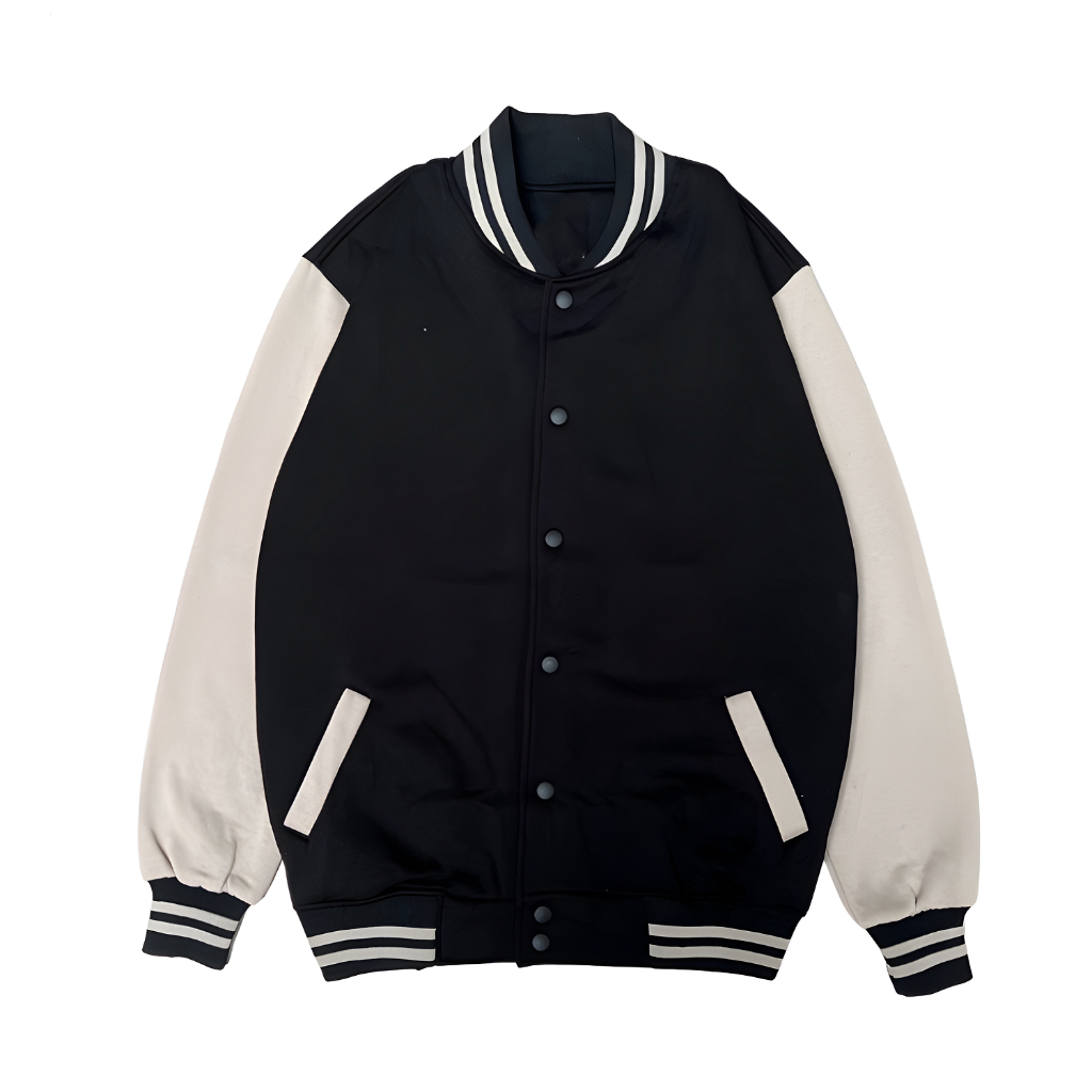 Jaket Varsity Baseball Full Bordir Pria Wanita Dewasa dan Anak-anak-POLOS Hitam Cream