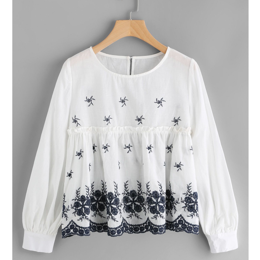 Baju Atasan Kemeja Blouse Blus Putih Bordir Wanita