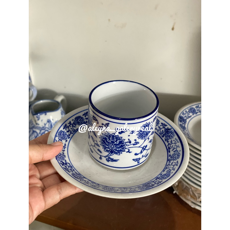 Gelas+Tatakan Esspreso || Keramik Biru Putih