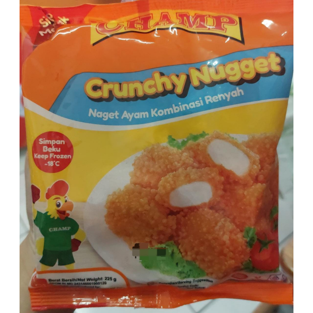 

CHAMP CRUNCHY CHICKEN NUGGET 225 GR NAGET AYAM KOBINASI RENYAH CRISPY KRISPI BUBBLE SIAP MASAK