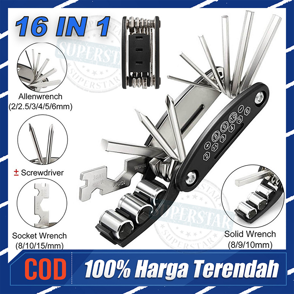 16 in 1 Kunci Shock Lipat mini Set 16in1 Kunci 8 9 10 ring pas L Obeng Kunci Sepeda motor 16 Tools