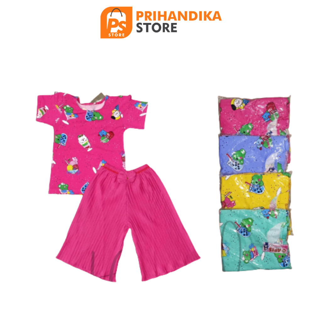 Setelan Plisket Anak Perempuan Kekinian Gambar Boba Best Seller