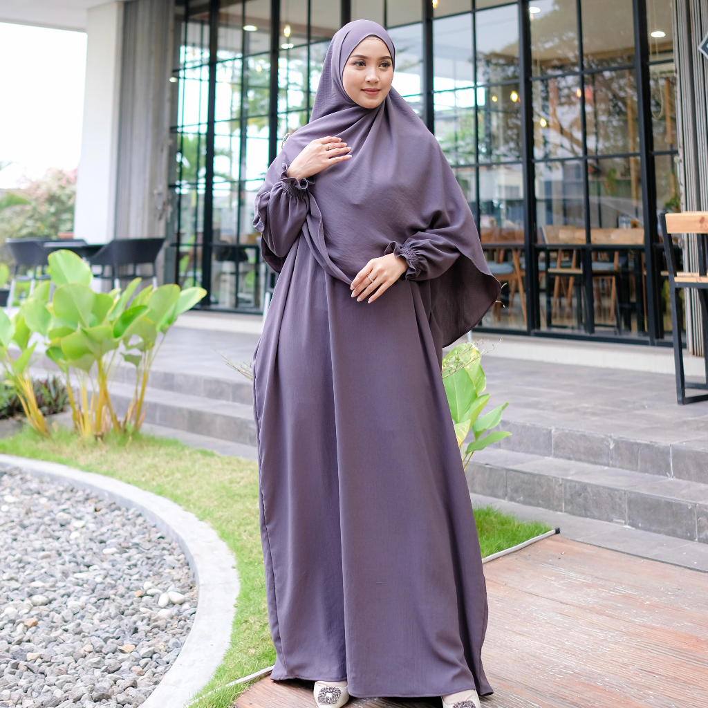 SYK GAMIS Nusaibah Set Syari Bahan Crincle Airflow Premium BONUS KERUDUNG Gamis Hitam Kondangan Mewa