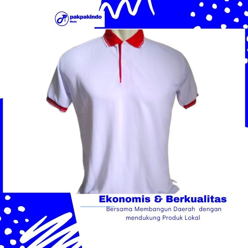 BAJU KAOS POLO POLOS PUTIH LIS KERAH MERAH CABE LENGAN PENDEK PRIA WANITA TERBAIK