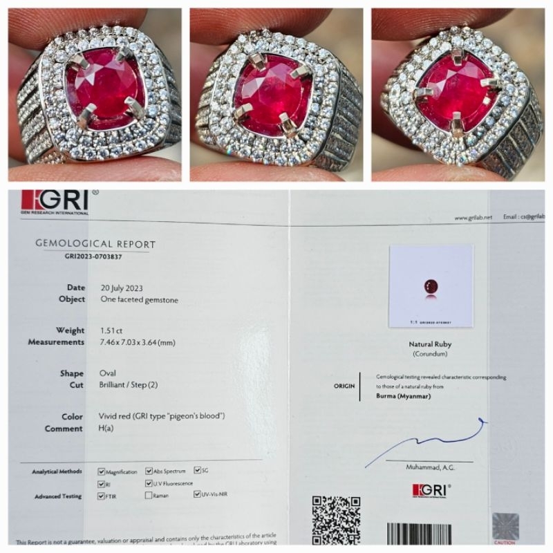 Natural HQ Vivid Red Pigeon Blood Ruby Burma Myanmar Sertifikat 1.51 crt