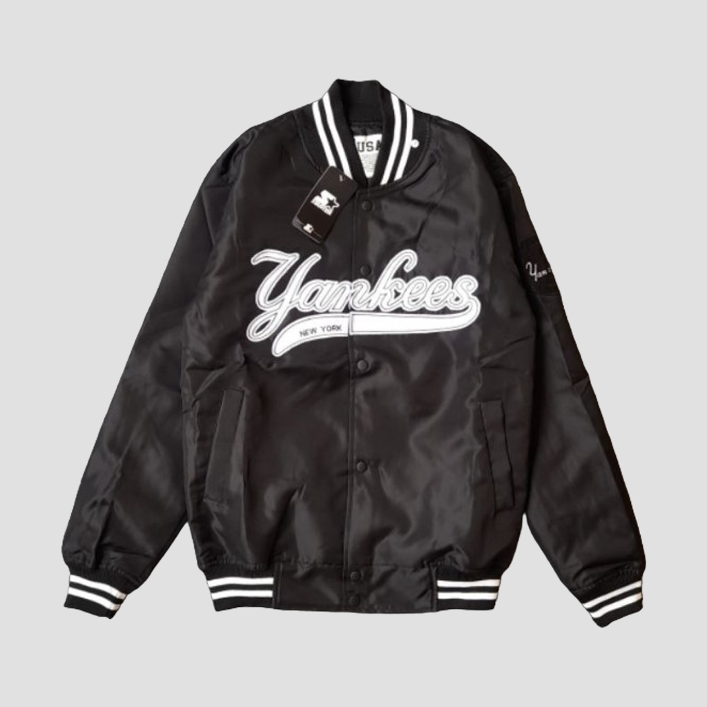 JAKET VARSITY HITAM PRIA CASUAL VINTAGE BORDIR YANKES