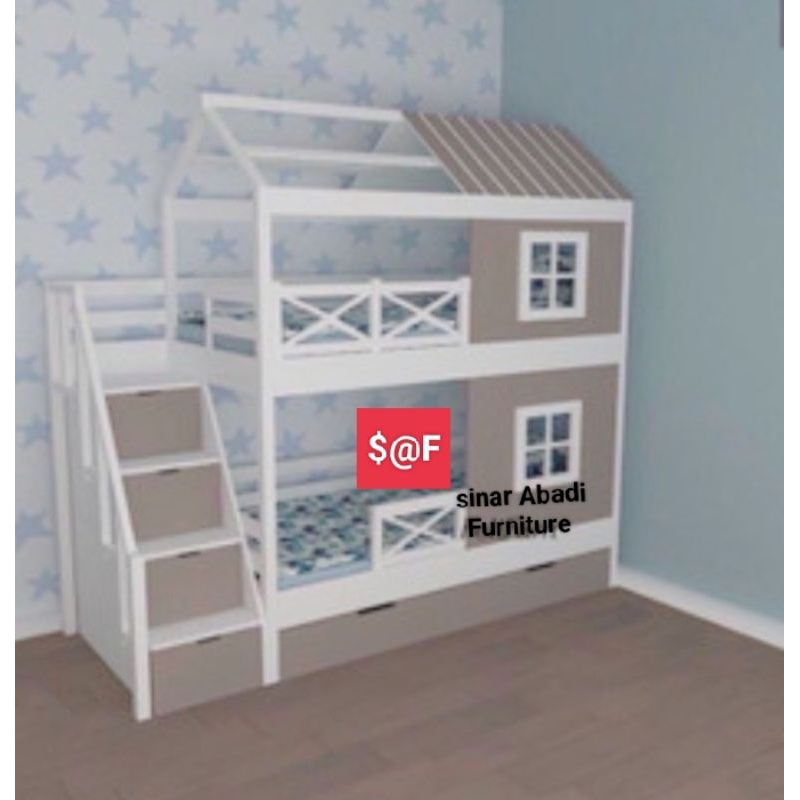 tempat tidur anak tingkat+tangga laci+2laci bawah kasur size 90×200×250