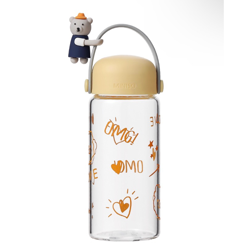 Little Bear Glass Bottle 400ml biru&kuning / botol kaca miniso / botol kaca lucu