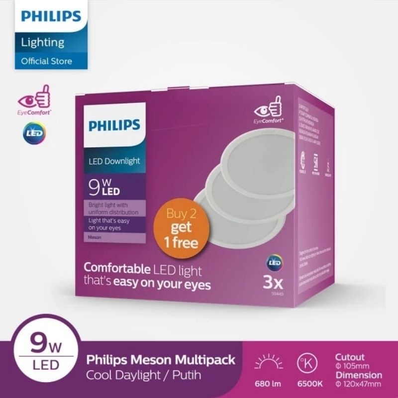 Lampu downlight philips meson 9W promo 2+1 warna putih