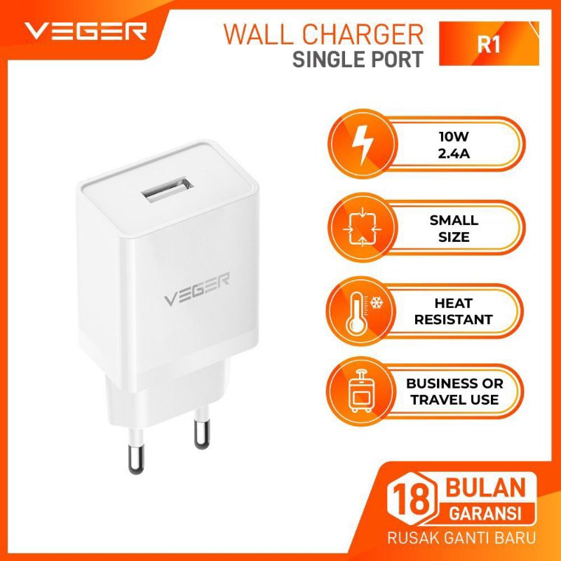 VEGER R1 BATOK CHARGER VEGER 2.4A 10W FAST CHARGING