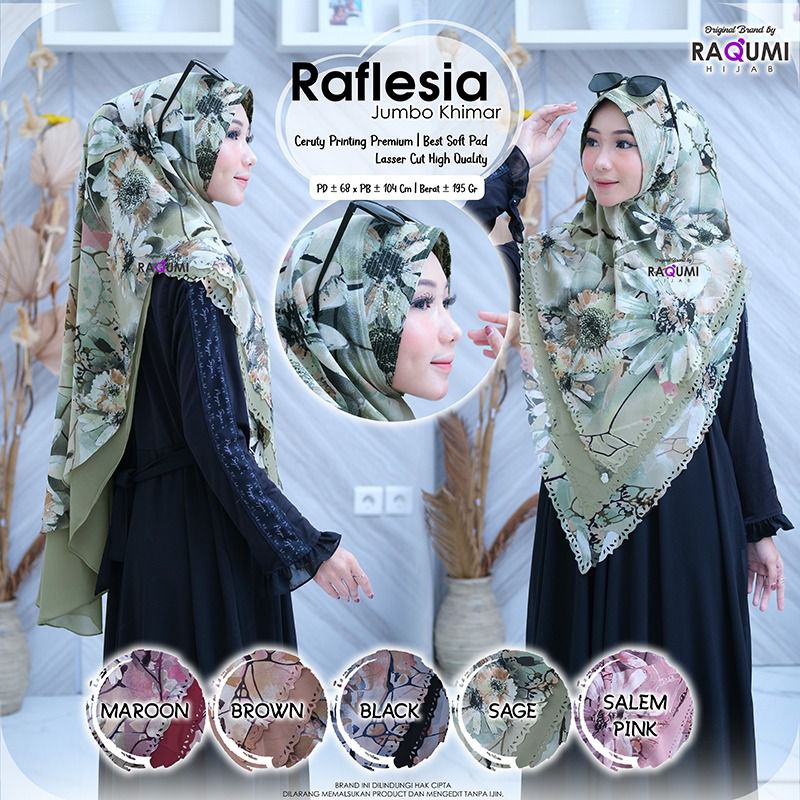 Raflesia Jumbo Khimar ORI Raqumi Hijab Bahan Ceruty Babydoll Printing Premium  2 Lapis