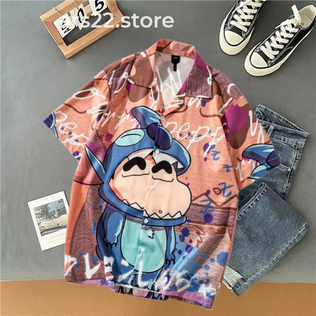 Kemeja Motif Kartun Sinchan Terbaru 100% Original Gaya Kekinian Pria Wanita Lengan Pendek Kemeja Mot