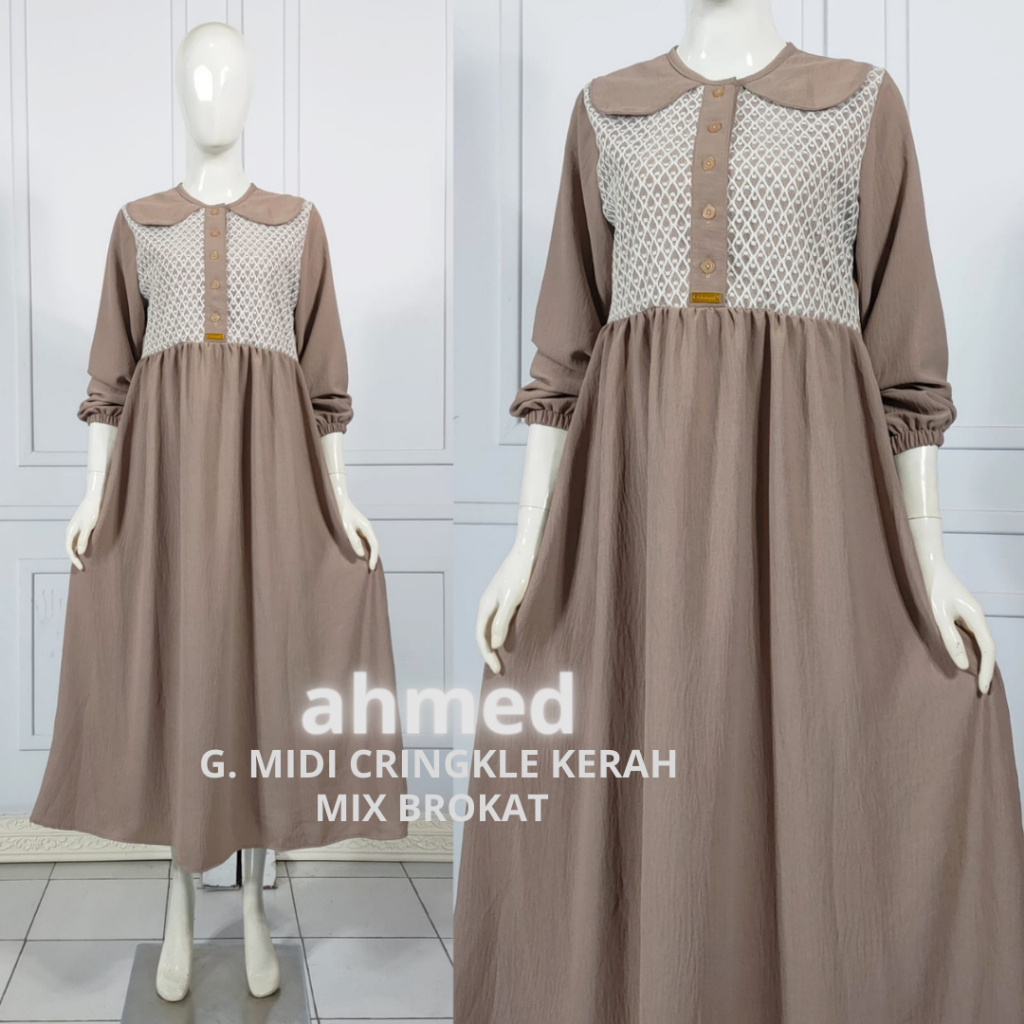 GAMIS MIDI CRINGKLE AIRFLOW PREMIUM/MIDI DRESS KRINGKEL KERAH MIX BROKAT/MIDI SAGE BROKAT KERAH SALV
