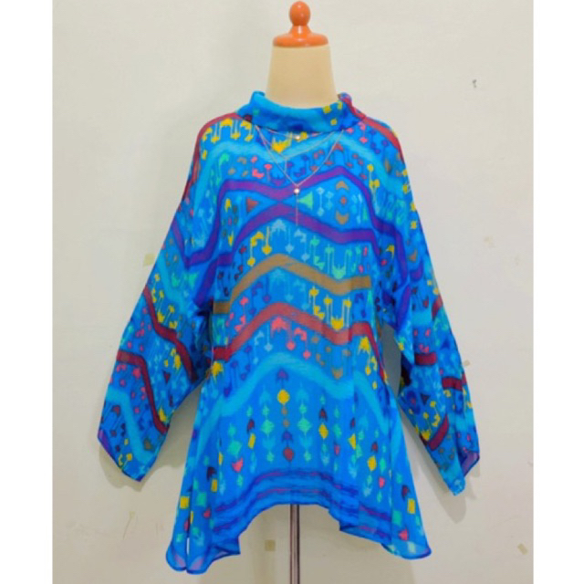 Dress Midi tunik bahan siffon Motif bunga floral flower tropis abstrak sultan lengan model terompet 