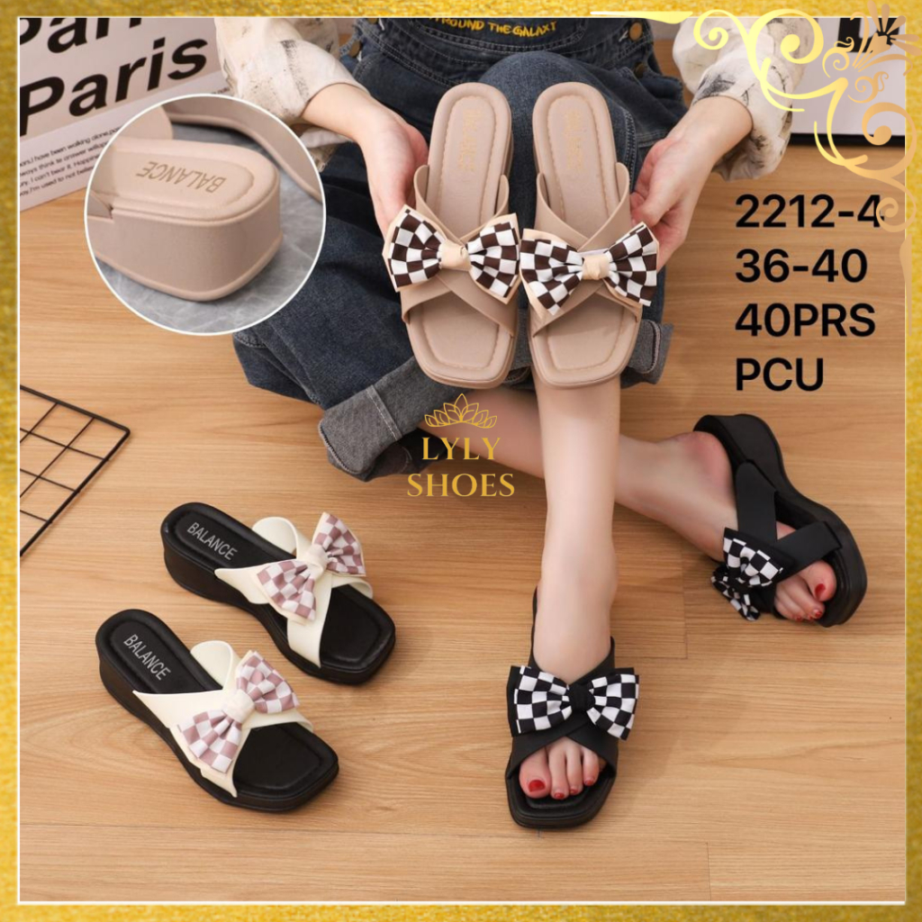 Sandal Selop Wedges Wanita Import Balance Tali Silang Motif Pita 2212-4