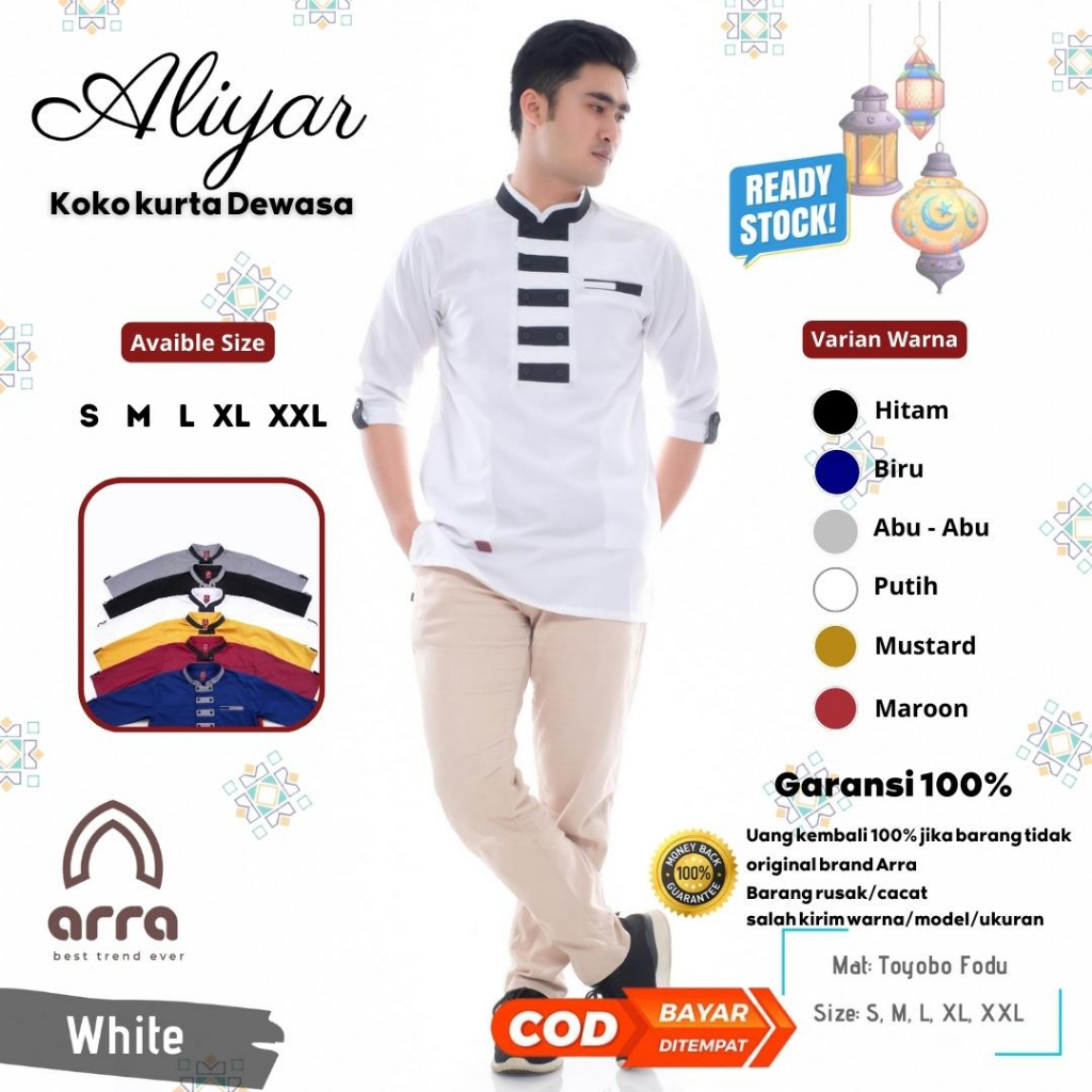 Arra Aliyar Baju Koko Pria Dewasa Lengan 3/4 Dewasa Bahan Toyobo Fodu Size S M L XL XXL Jumbo Warna 